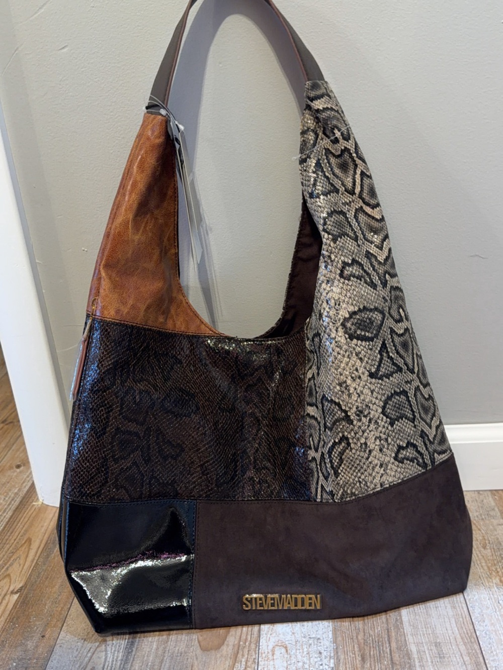 Steve Madden Brown Multi Snakeskin Patchwork Hobo Bag